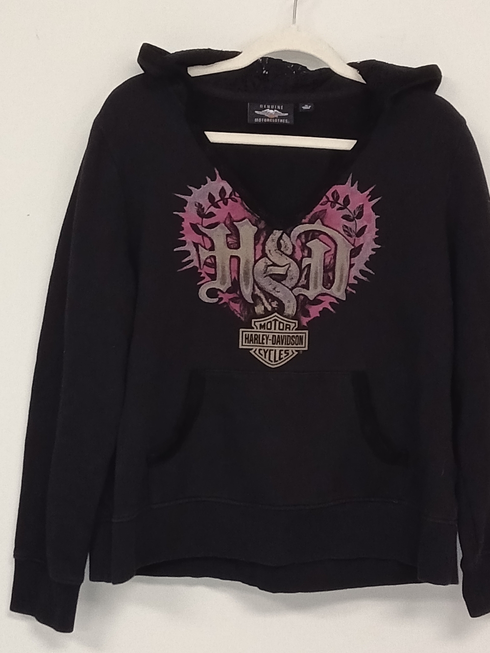 Harley Davidson Black V Neck Heart Lace Trim Women's Hoodie Sweatshirt XL Biker